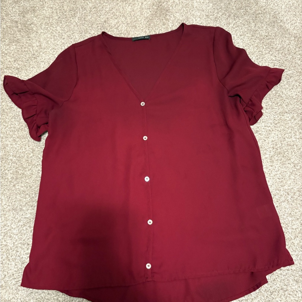 West Kei Burgundy Ruffle Sleeve Blouse